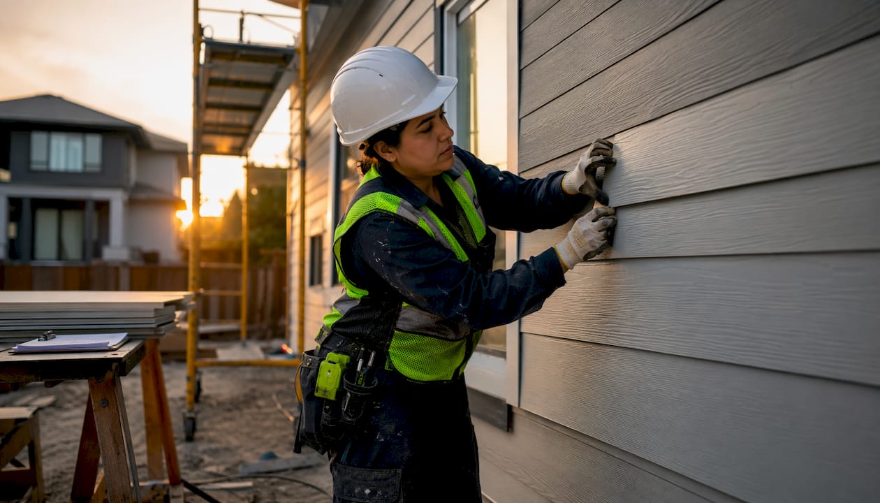 Female worker repairing home's exterior siding