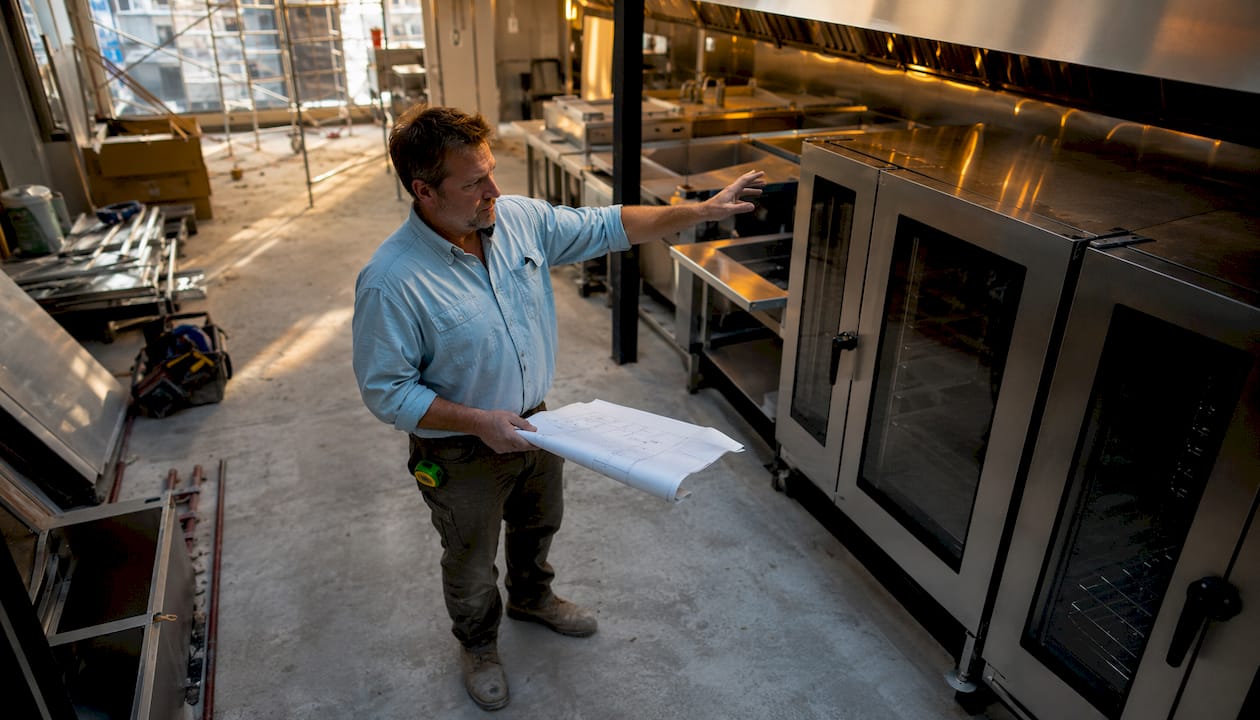Contractor inspecting commercial kitchen equipment