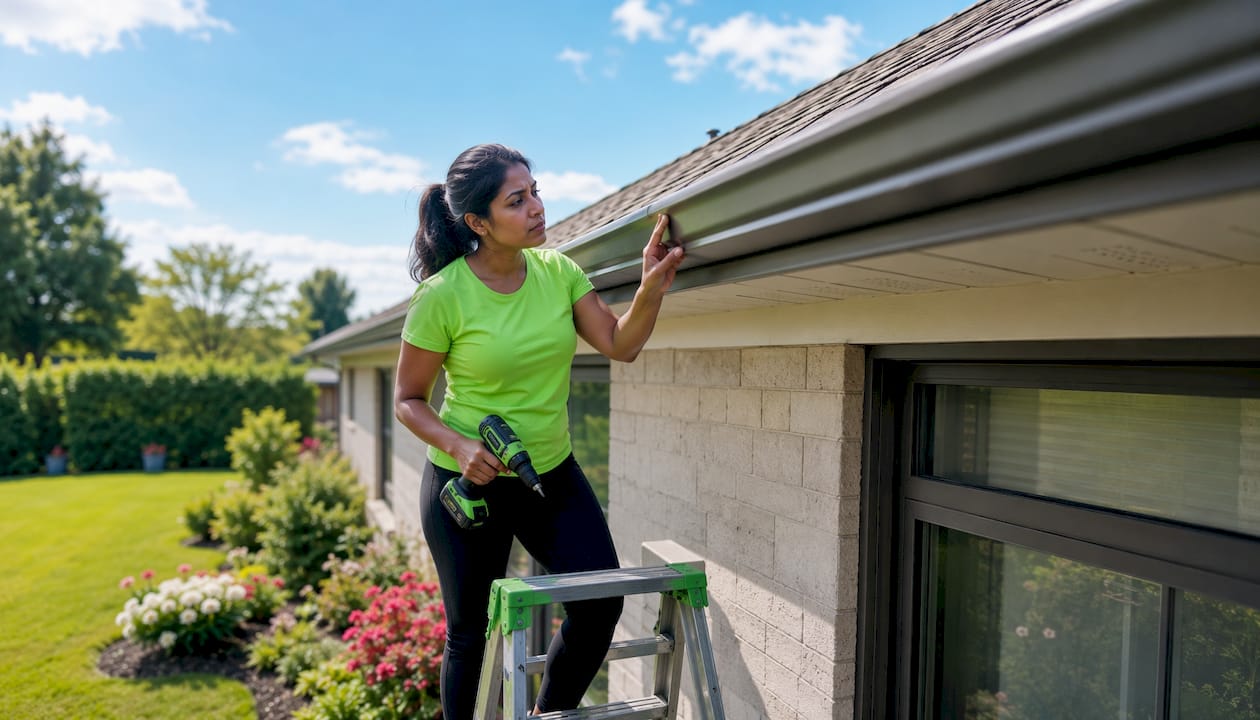 Woman inspecting clean gutter on house exterior