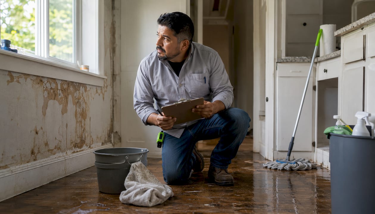 Man inspecting water damage in living room