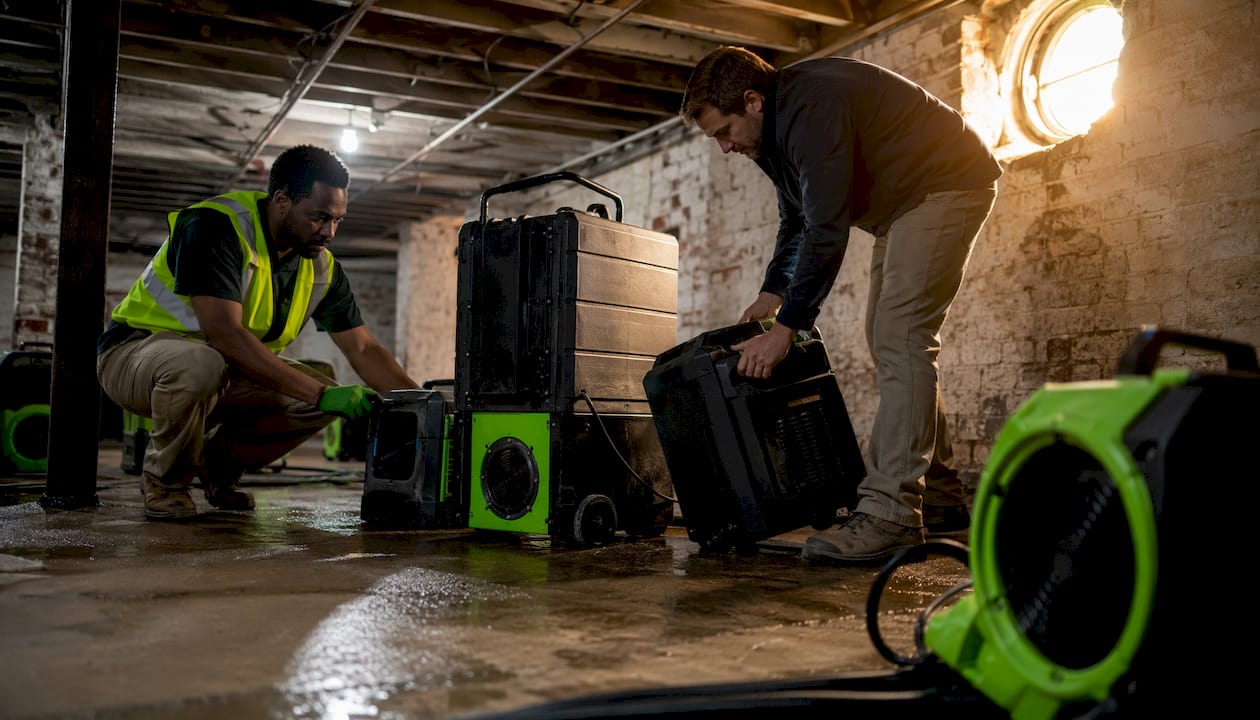 Technicians setting drying equipment in basement