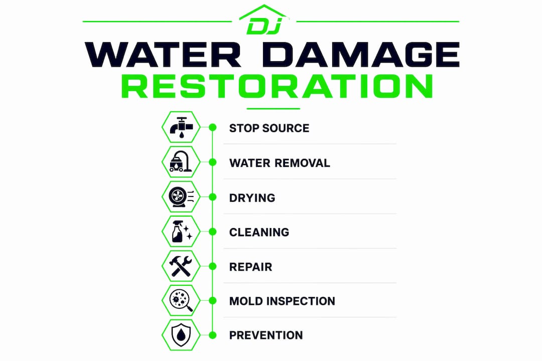 Infographic illustrating water damage restoration steps