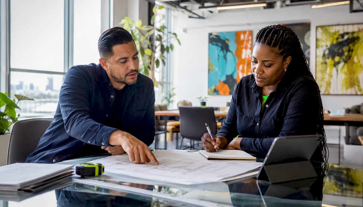 Bronx contractors discussing building plans in office