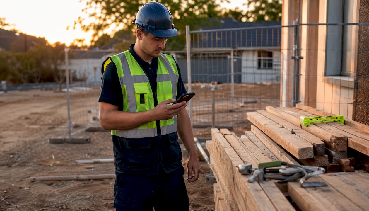 Field technician using construction app outdoors