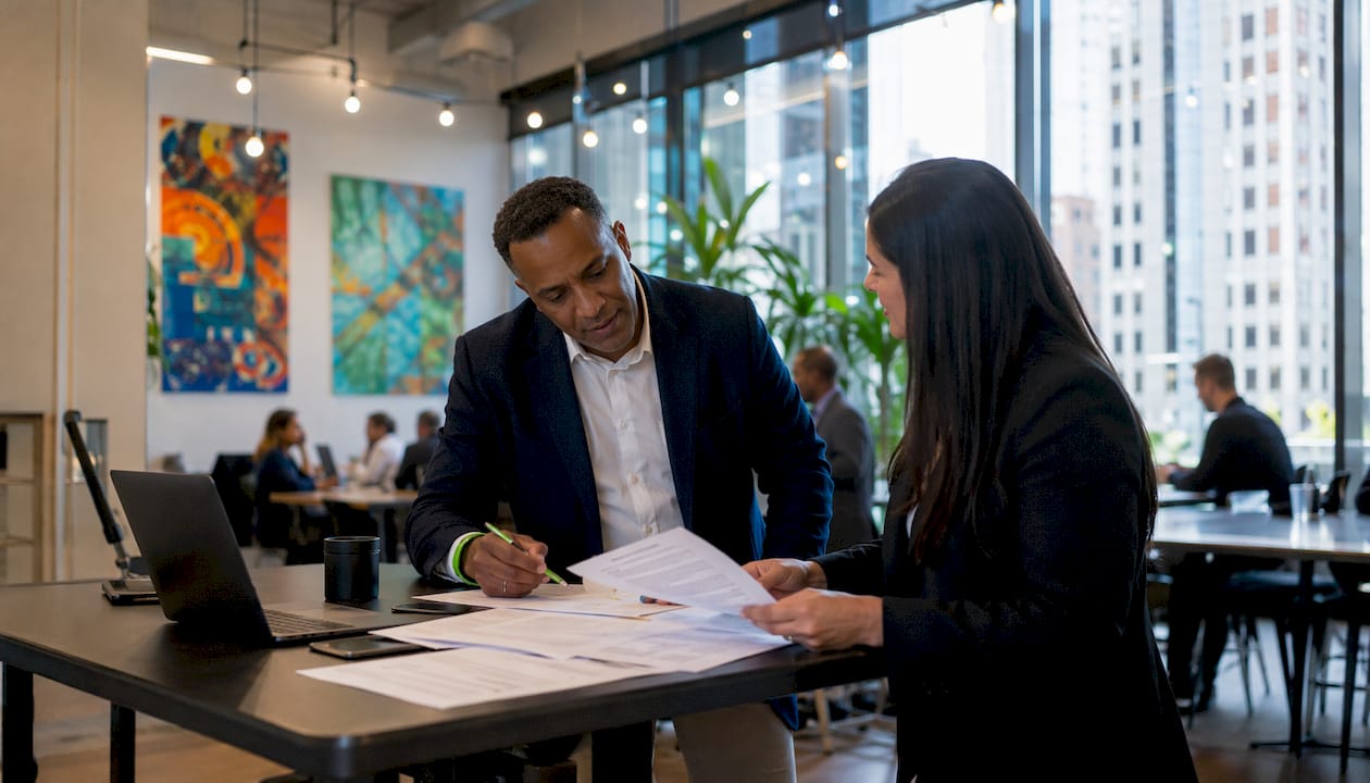 Business meeting discussing renovation loan documents