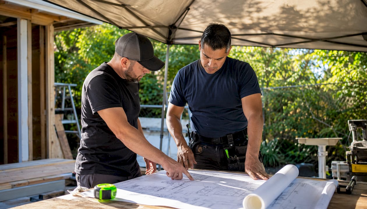 Tradesmen discussing HVAC and plumbing installation