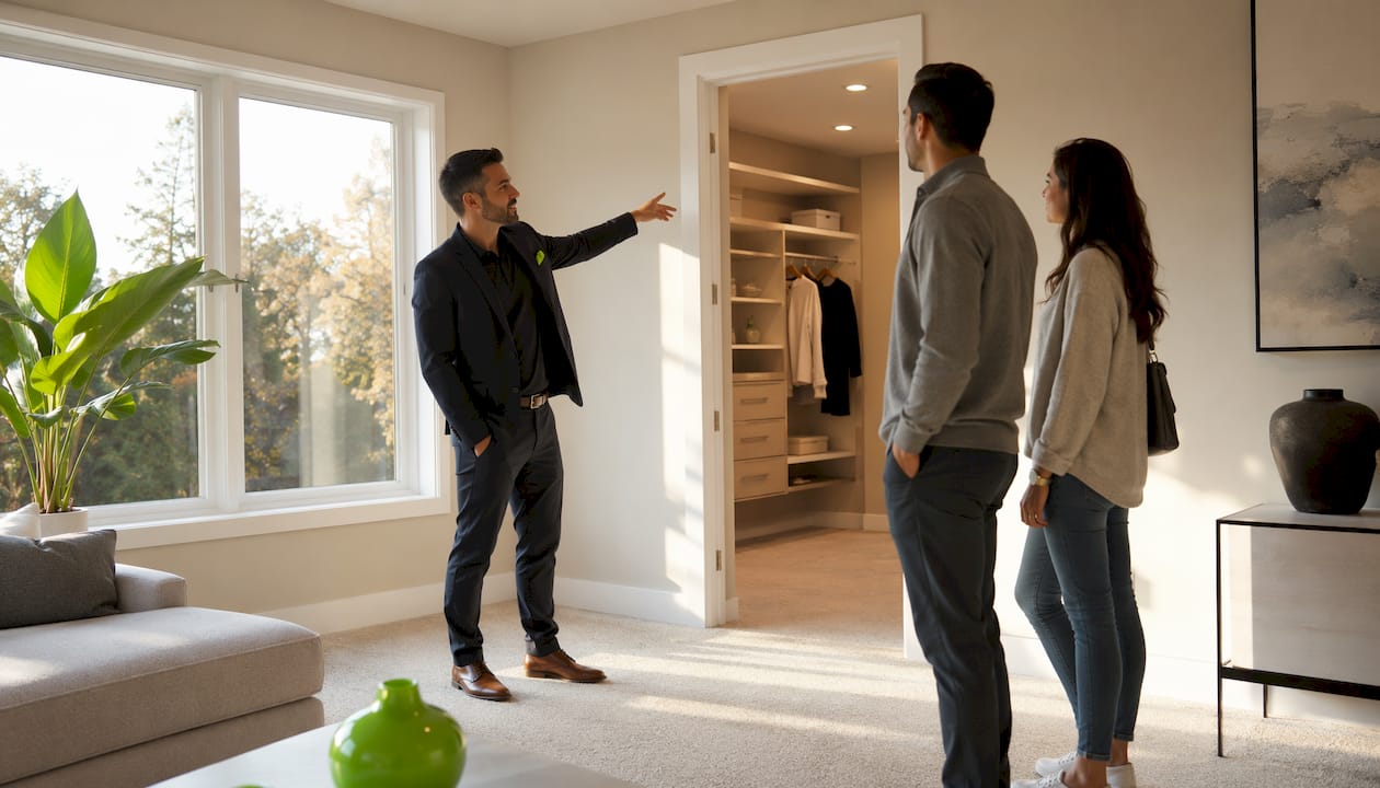 Agent showing new master suite to buyers