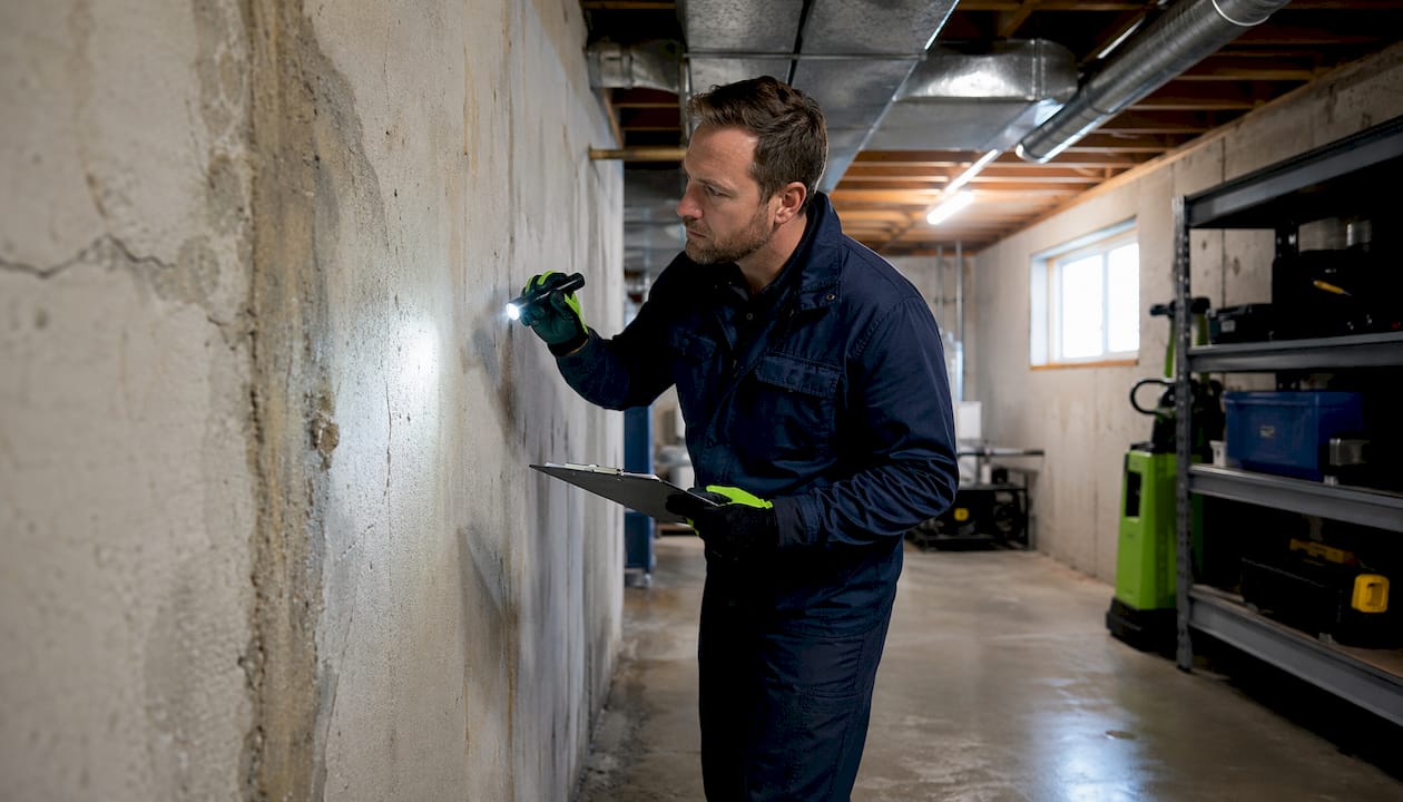 Basement specialist inspecting cracked damp wall
