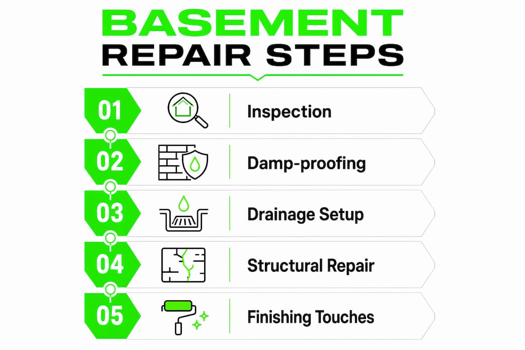 Infographic illustrating basement repair steps in sequence