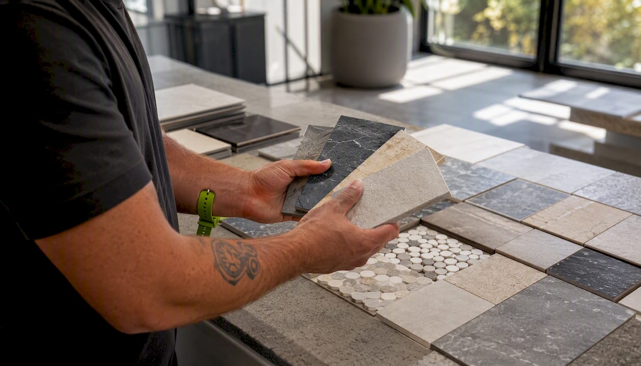 Designer comparing different bathroom tile samples