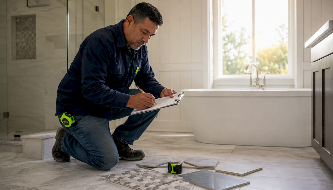 Contractor reviewing bathroom retiling estimate