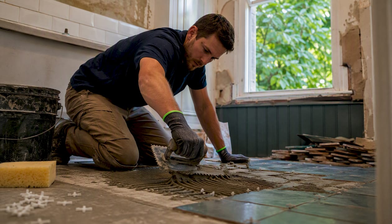Tiler applying mortar for bathroom tile installation