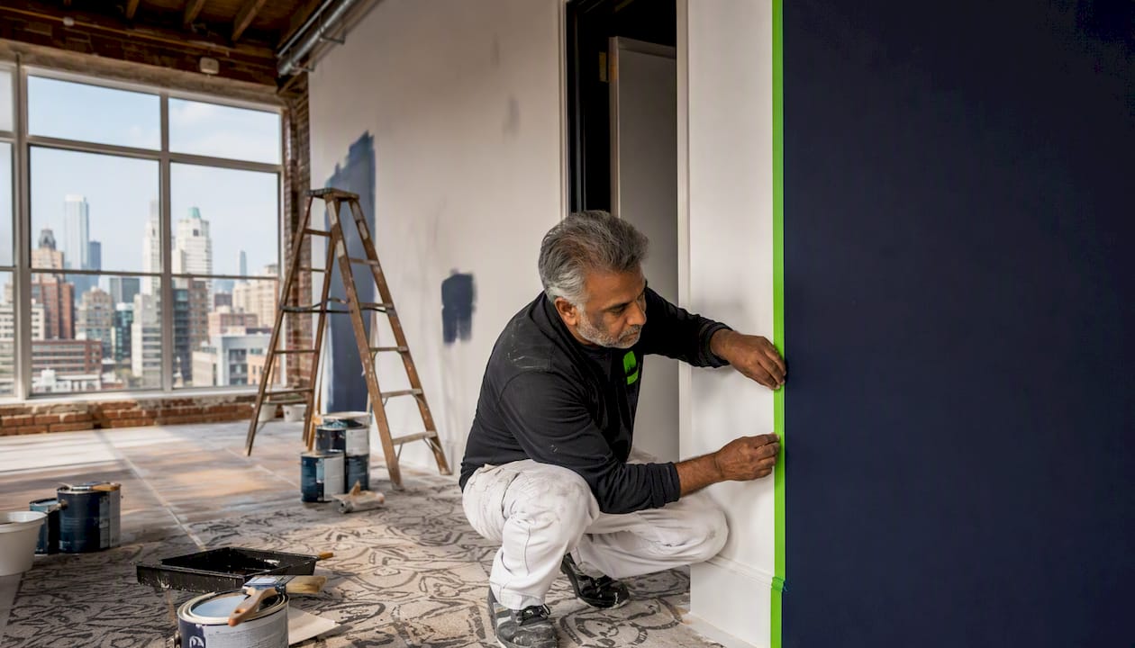 Contractor taping window frame for painting prep