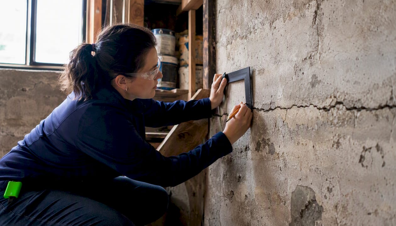 Inspector marking horizontal foundation crack in NYC basement