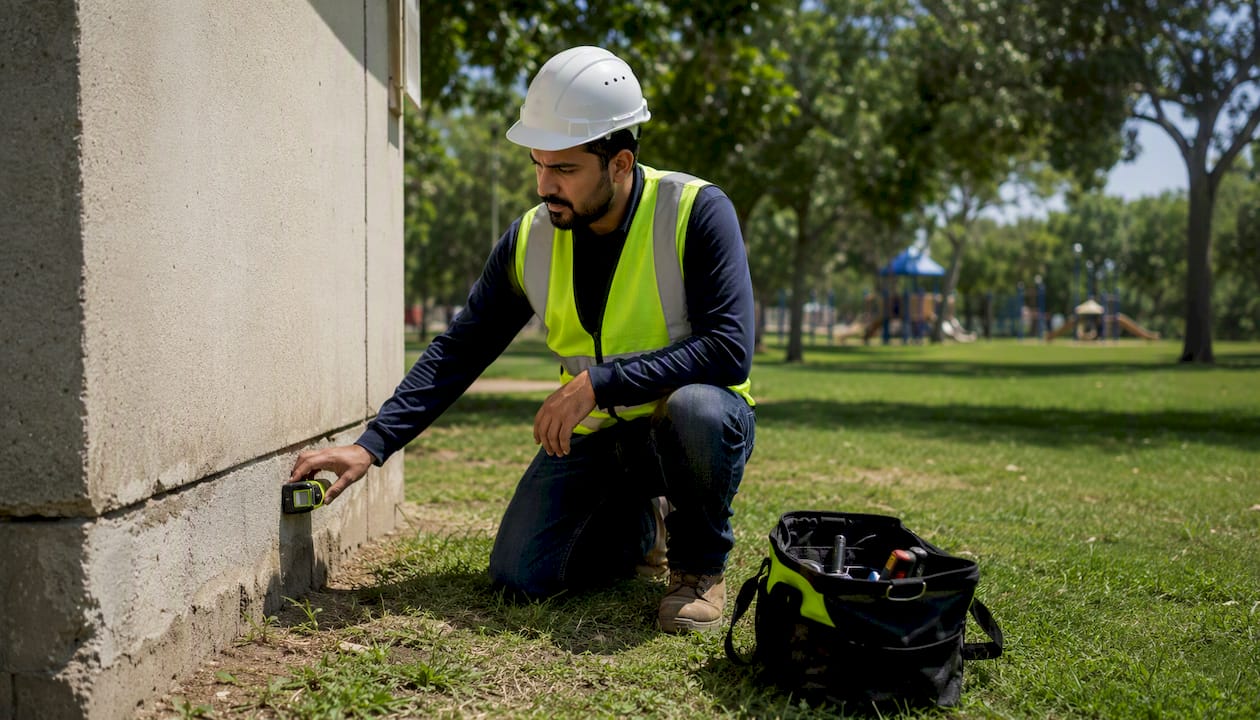 Engineer using moisture meter on NYC home foundation wall