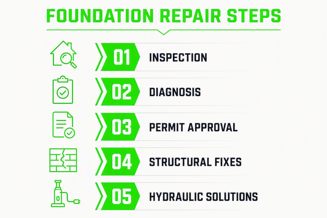 Infographic showing foundation repair steps from inspection to hydraulic solutions