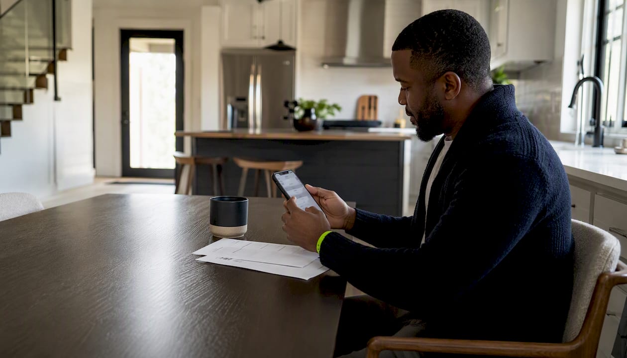 Hands verifying contractor license on smartphone