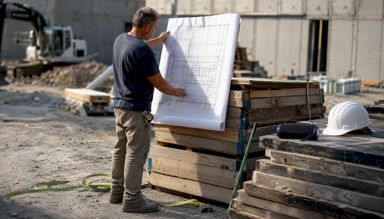 Contractor reviewing blueprints at construction site