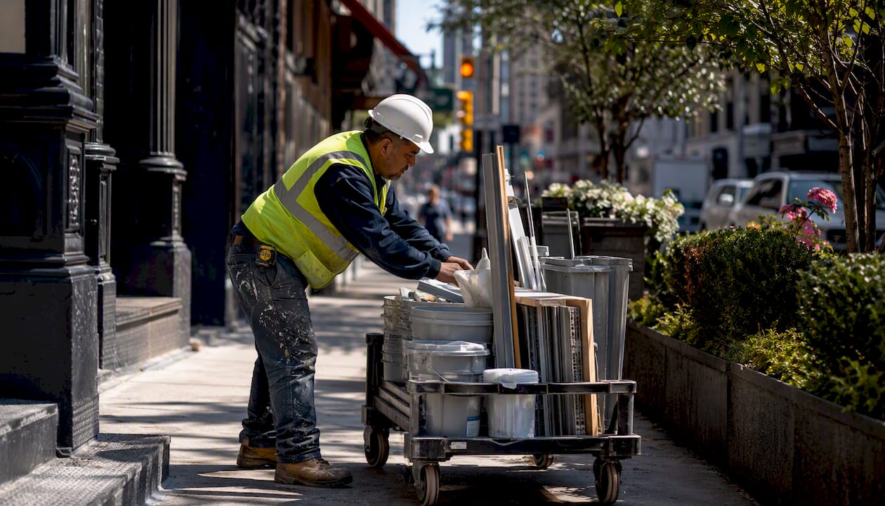 Worker loading materials into NYC freight elevator