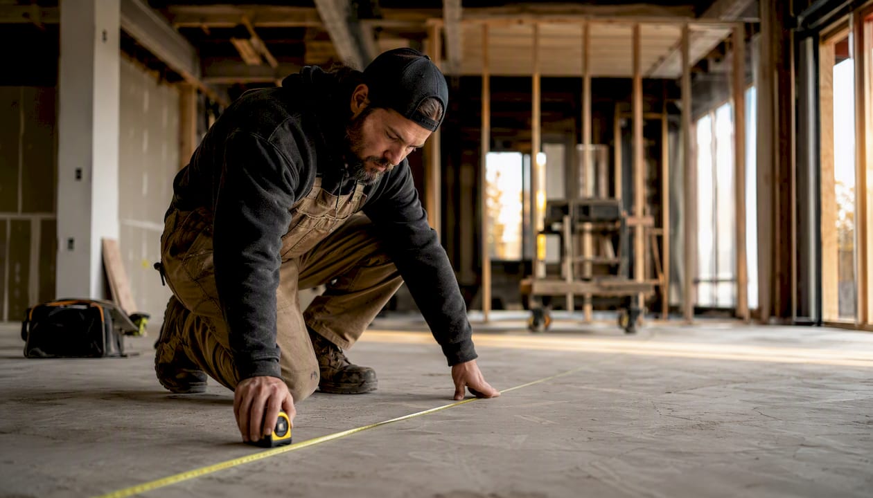 Worker measuring building floor with tape