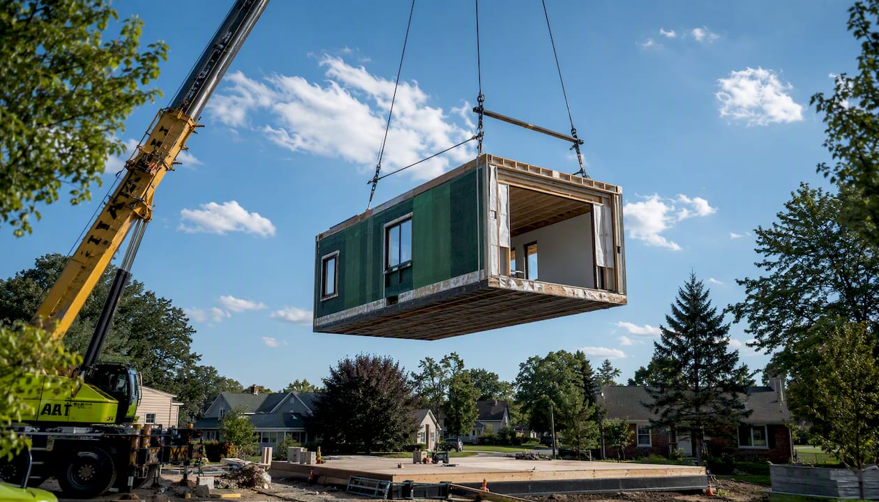 Crane lifting modular home section on site