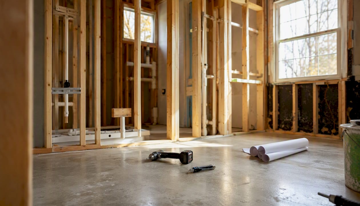 Bathroom remodel under construction with exposed pipes