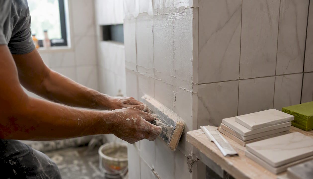 Hands installing custom tile in condo bathroom remodel