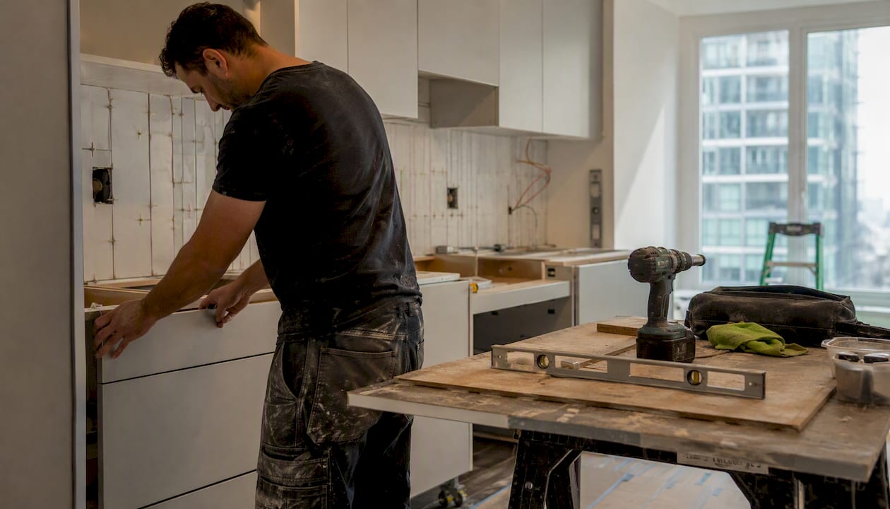 Hands installing kitchen cabinet panel during condo remodel