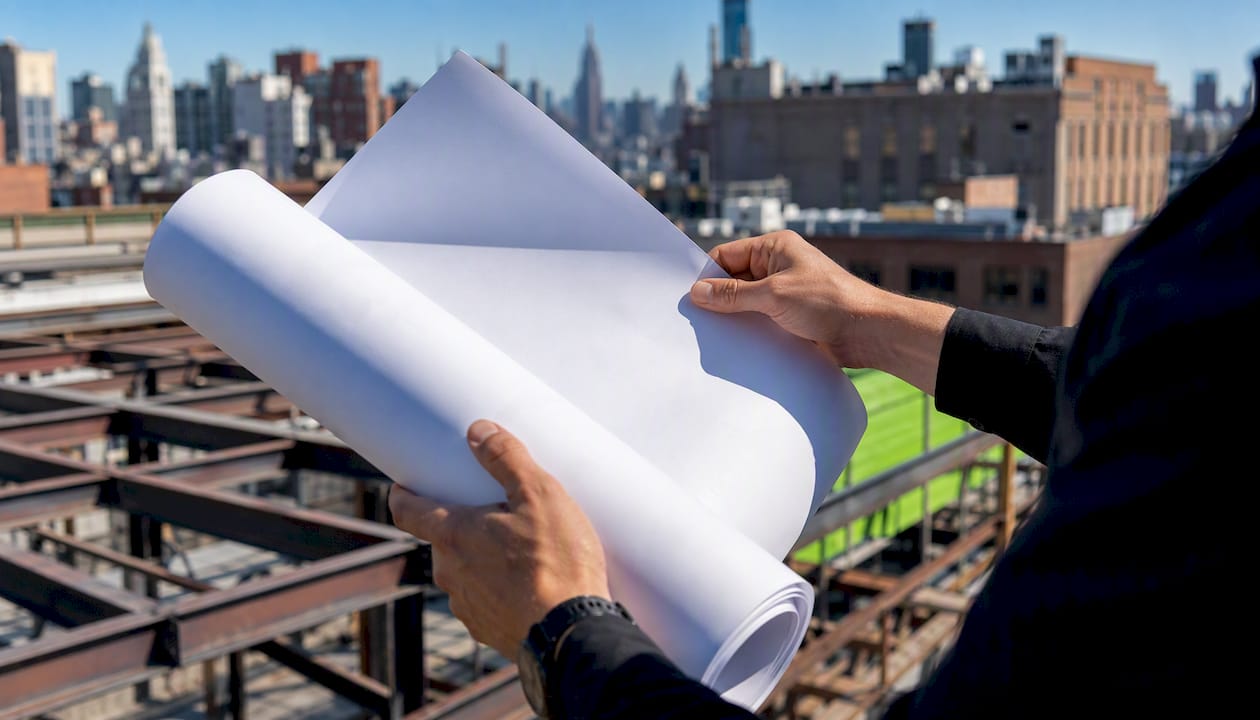Architect hands turning sealed blueprints at site