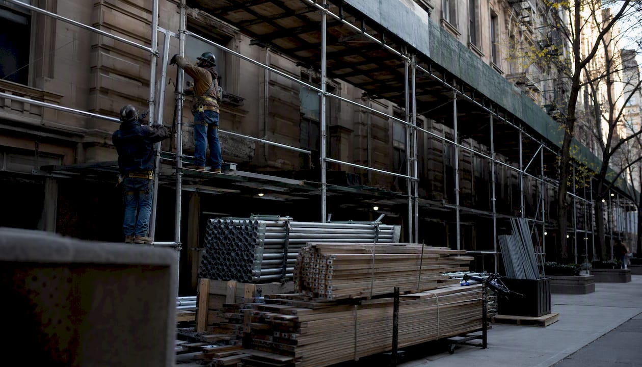 NYC building scaffolding and sidewalk shed setup