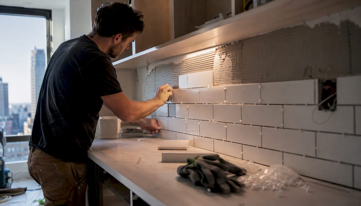 Hands installing ceramic tiles in kitchen remodel