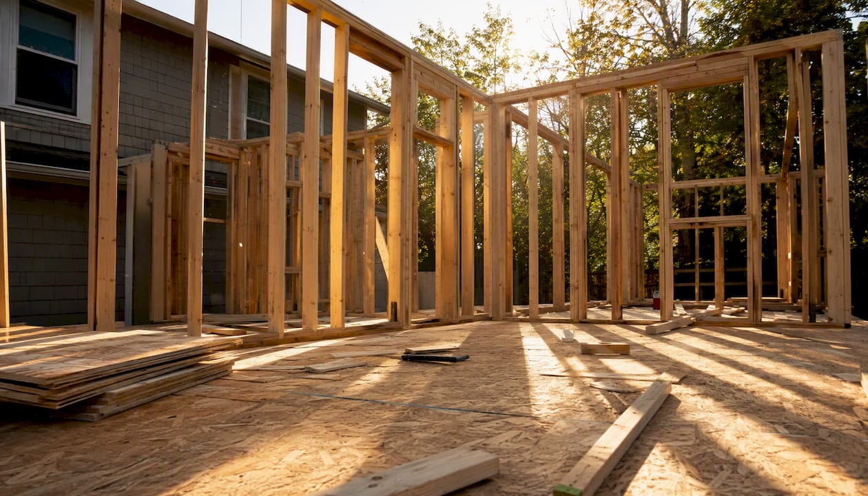 Framing stage of 20x20 room addition construction