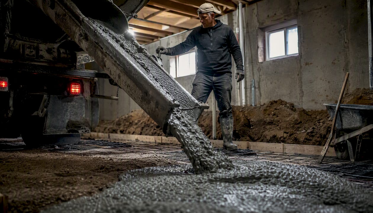 Concrete being poured in basement floor