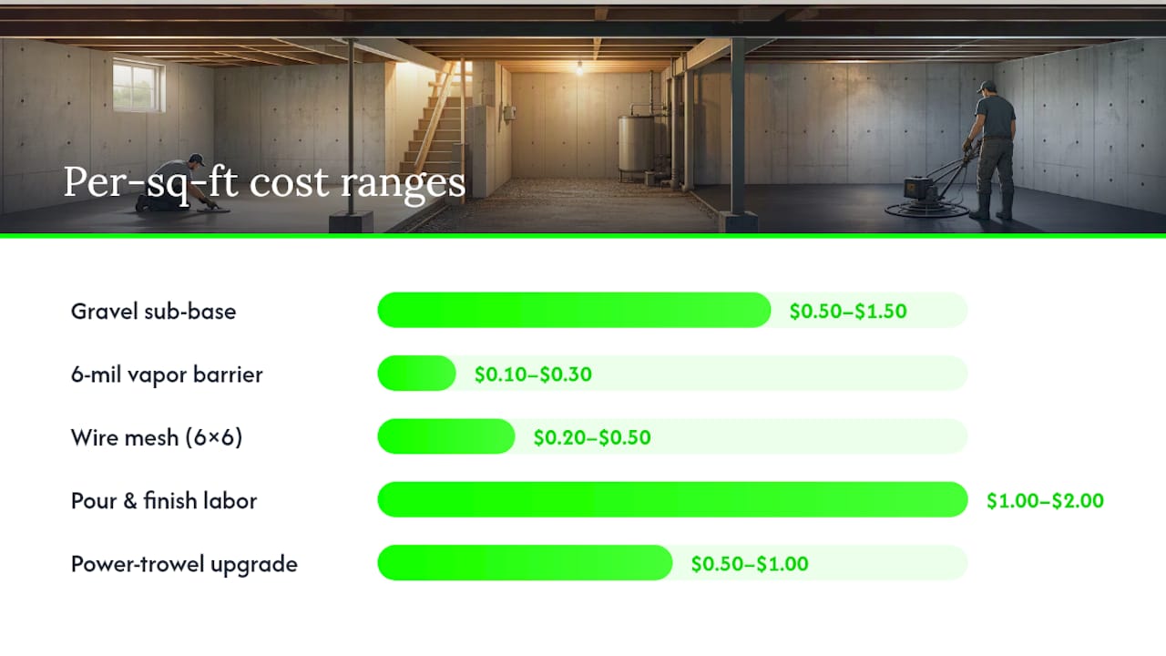 Cost breakdown for concrete basement floor components