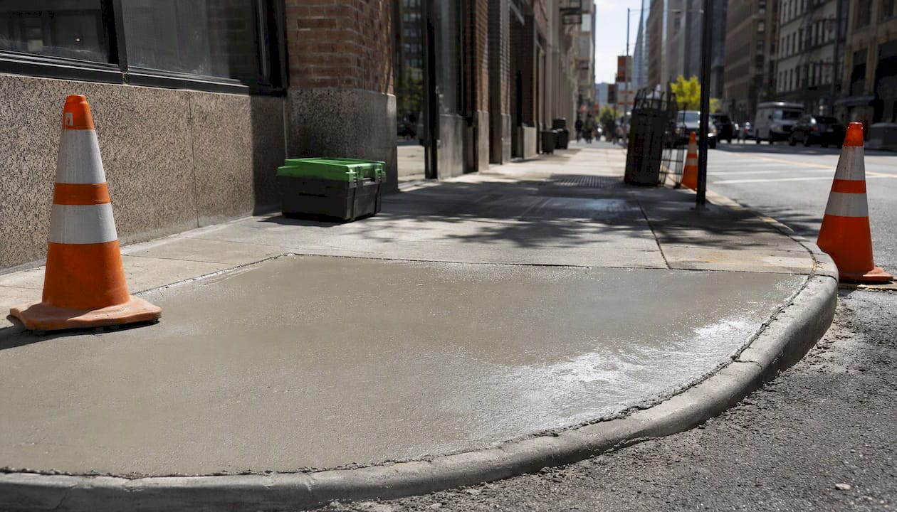 Freshly poured NYC curb cut concrete edge