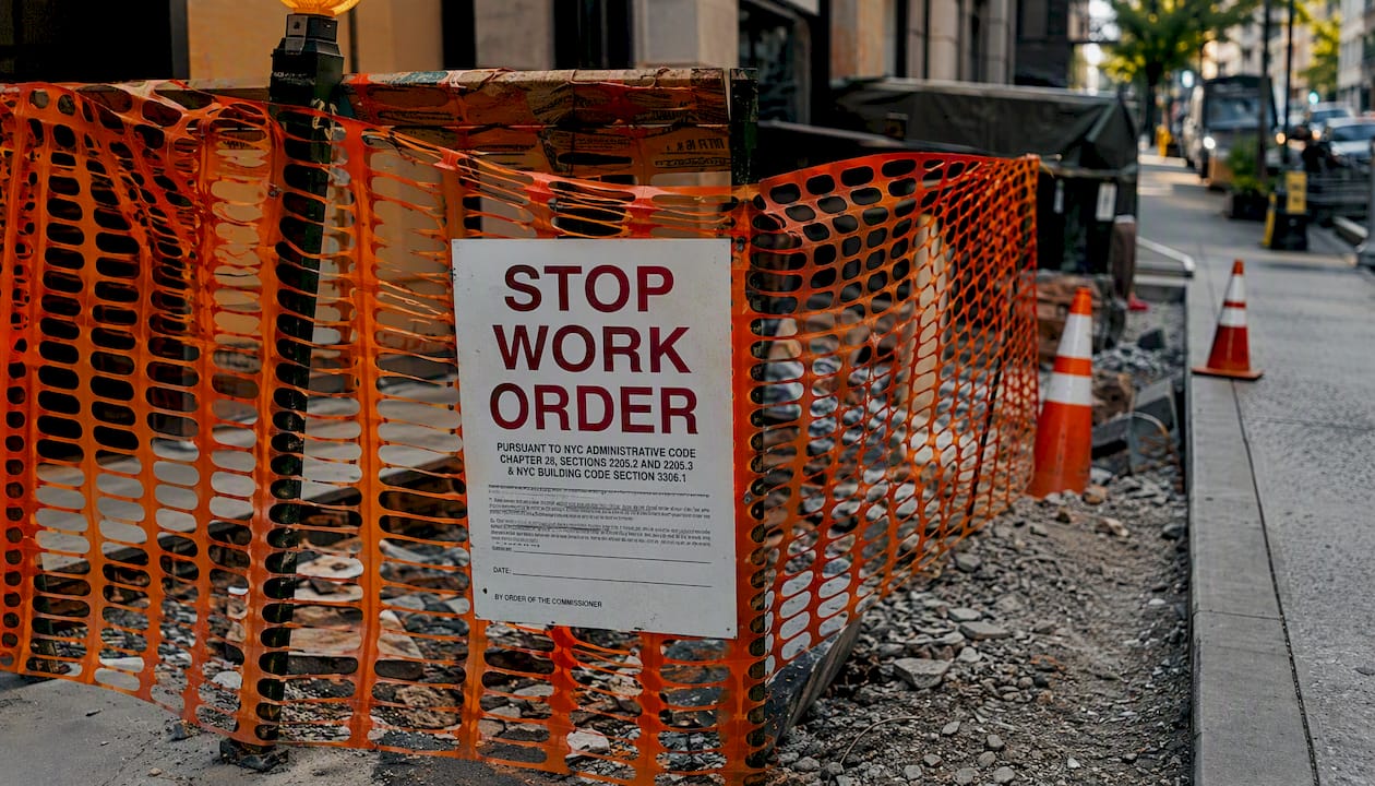 NYC sidewalk curb cut site with stop-work fencing