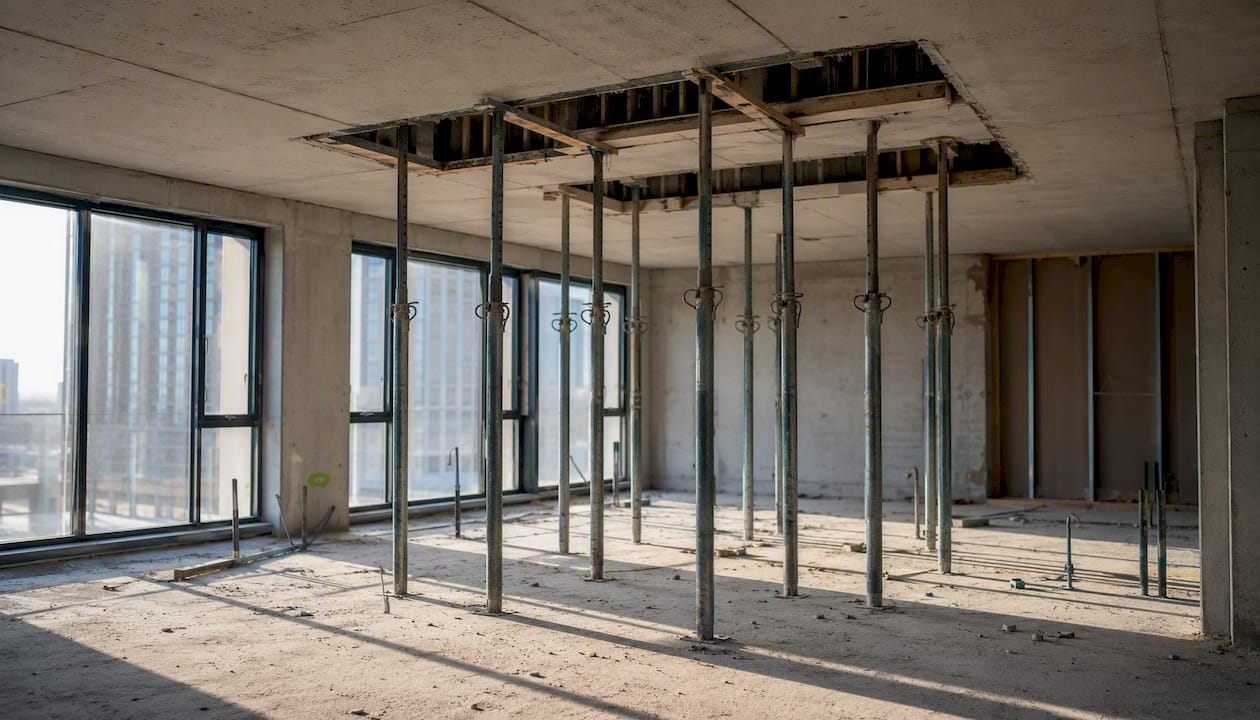 Temporary steel shoring props in apartment construction