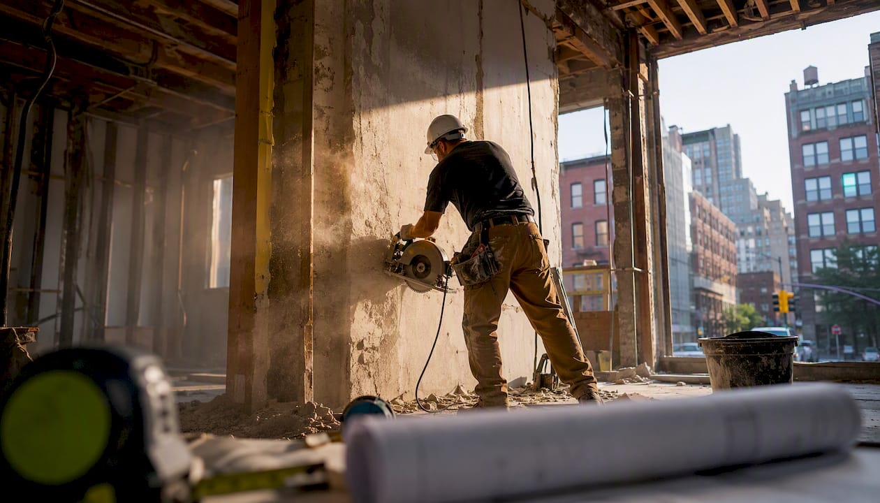 Contractor cutting demising wall in NYC apartment renovation
