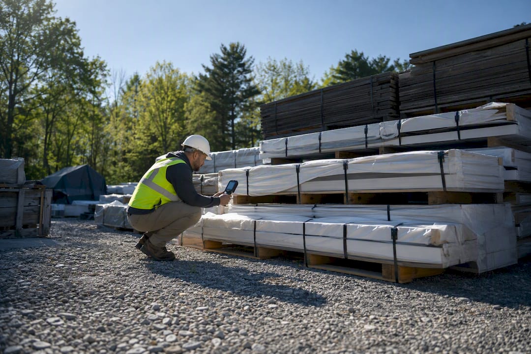 Worker handling construction materials at receiving area