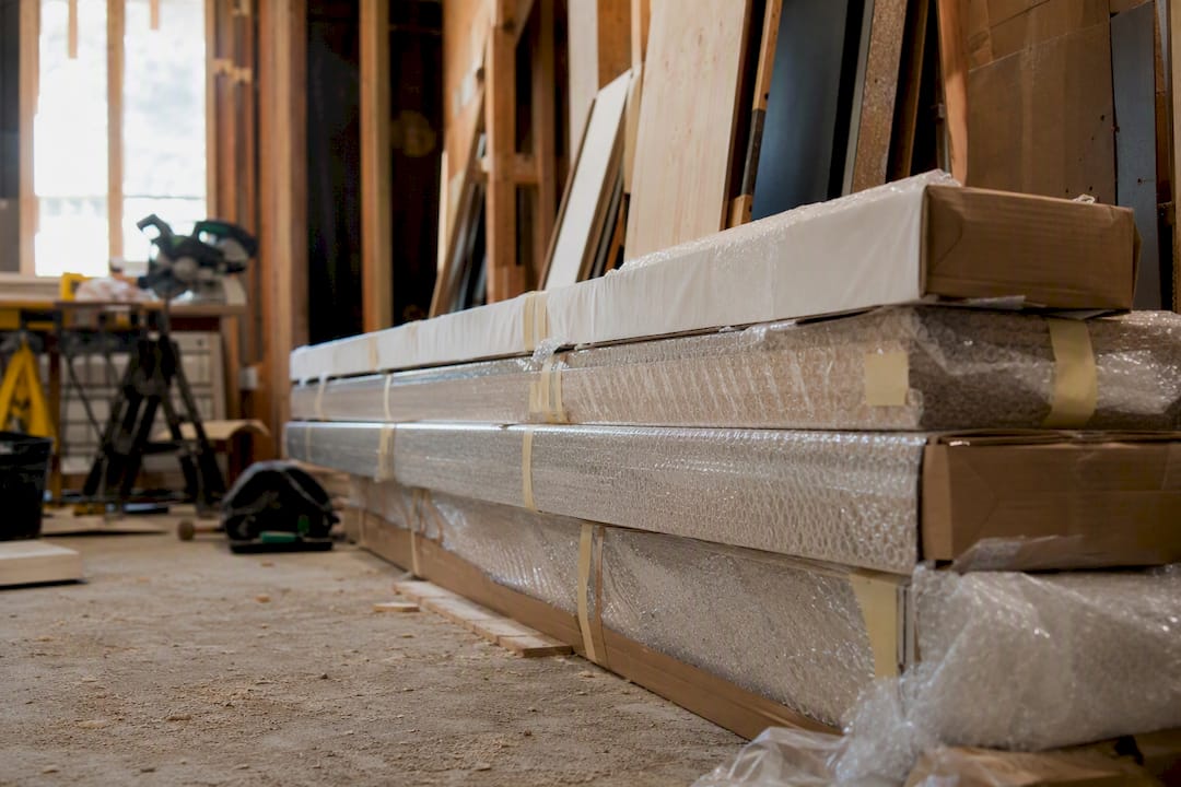 Wrapped fragile millwork packaging on construction site
