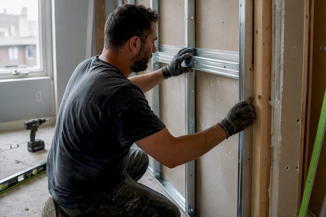 Contractor installing resilient channels on apartment wall