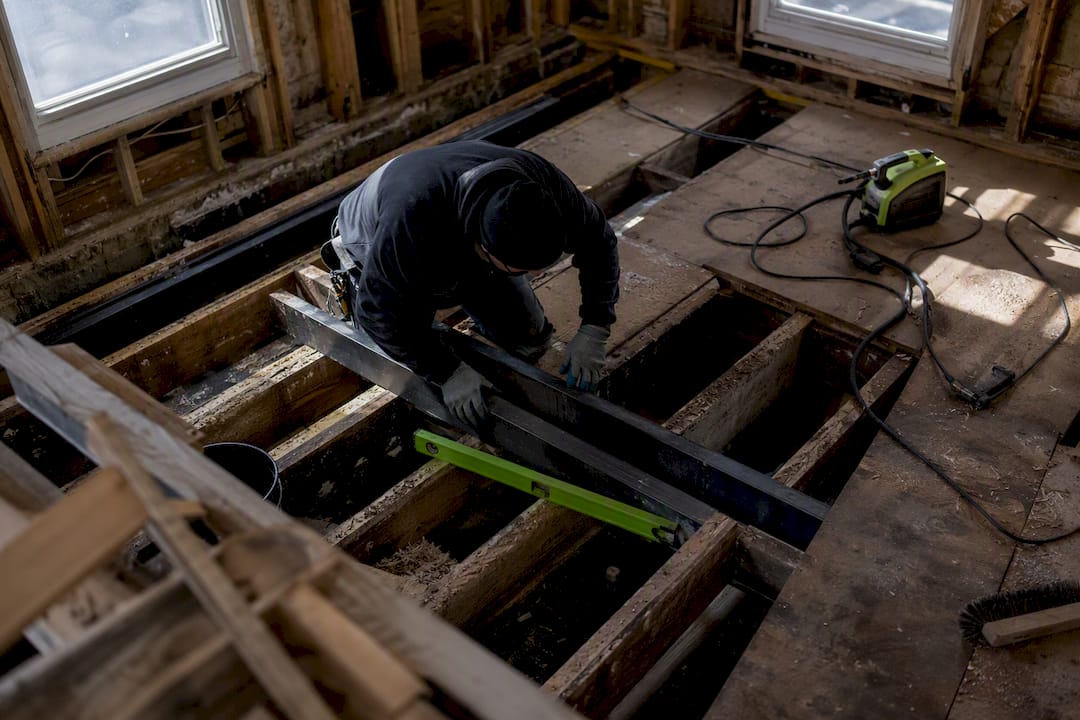 Contractor installing steel floor reinforcements second story