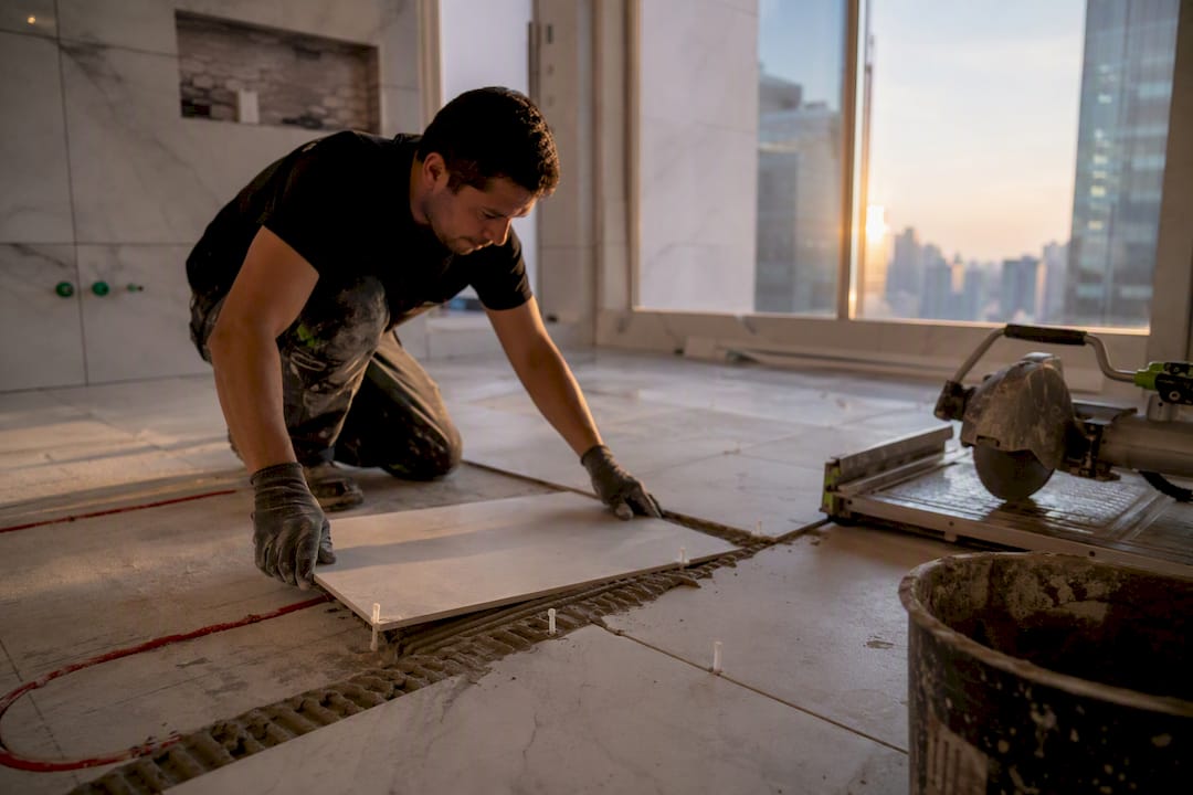 Contractor installing tile and heated floors in bathroom