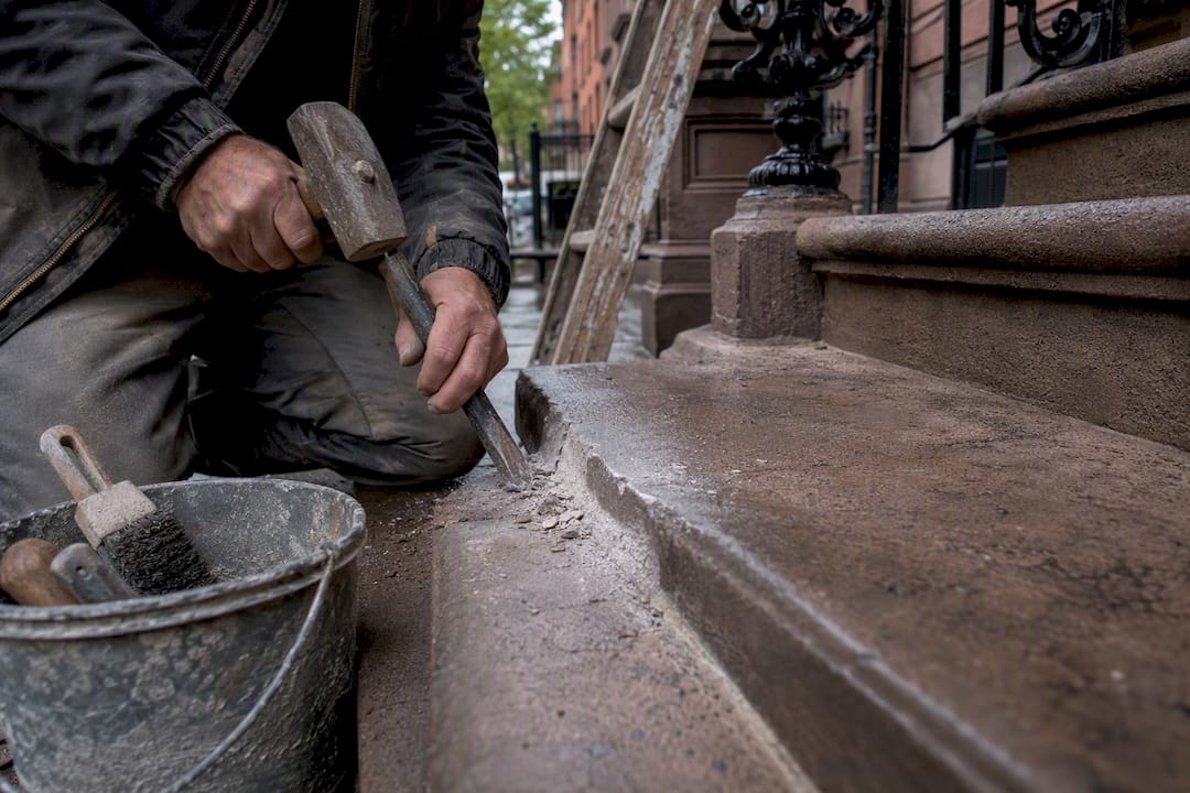 Contractor hands repairing brownstone stoop steps