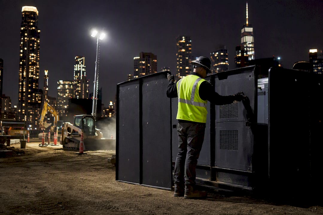 Contractor installing noise barrier at night site