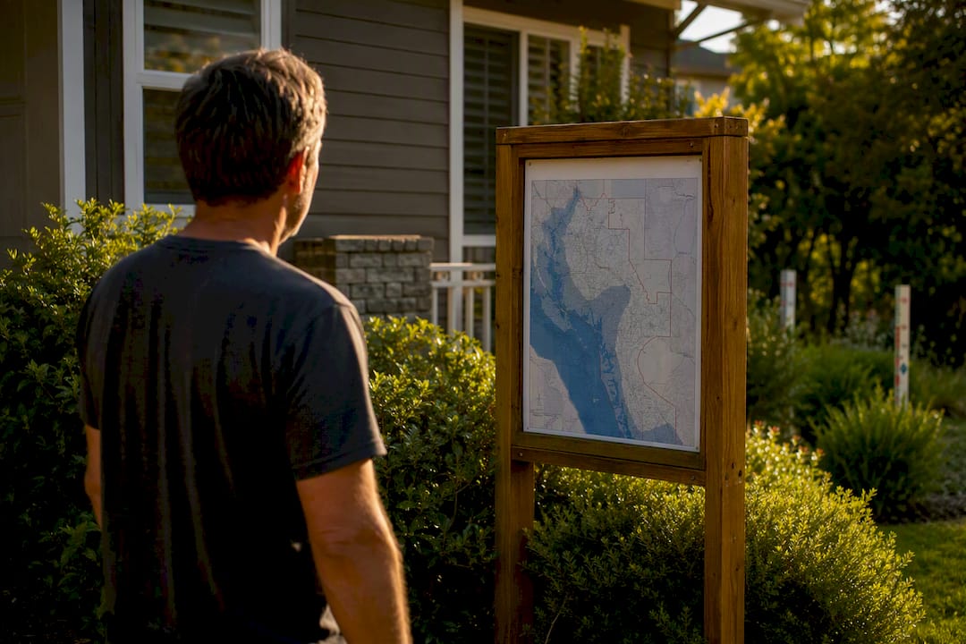 Homeowner checking flood zone map near house