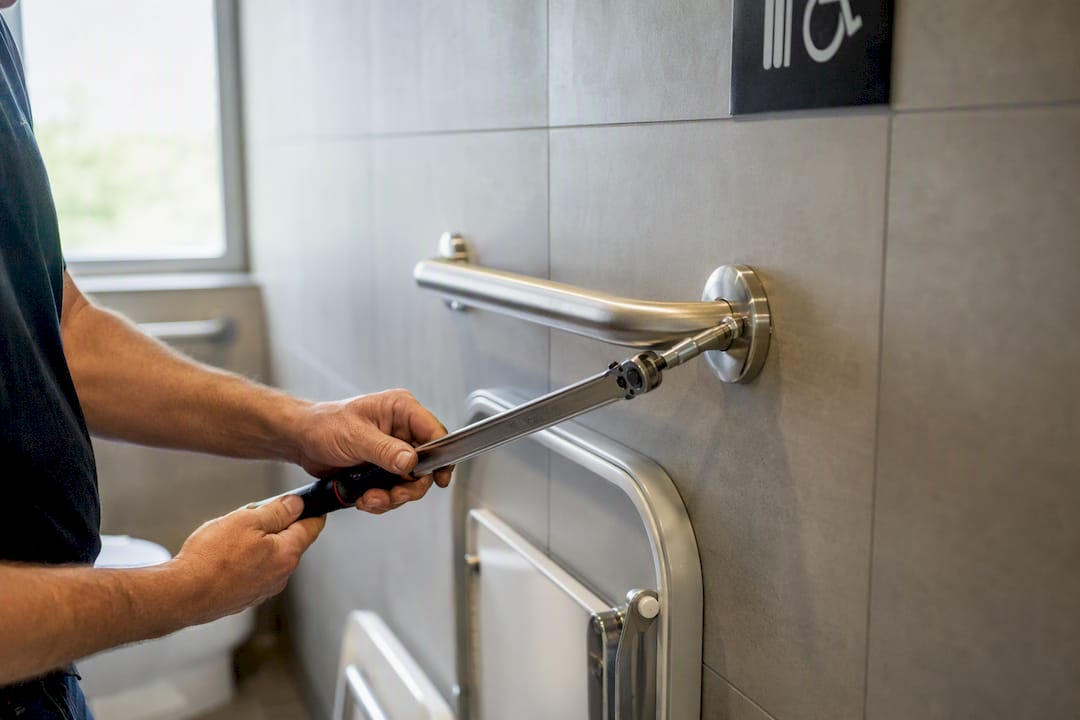 Maintenance worker tightening ADA grab bar