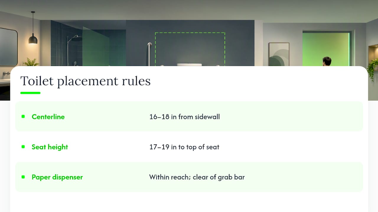 Diagram of ADA toilet placement and height measurements