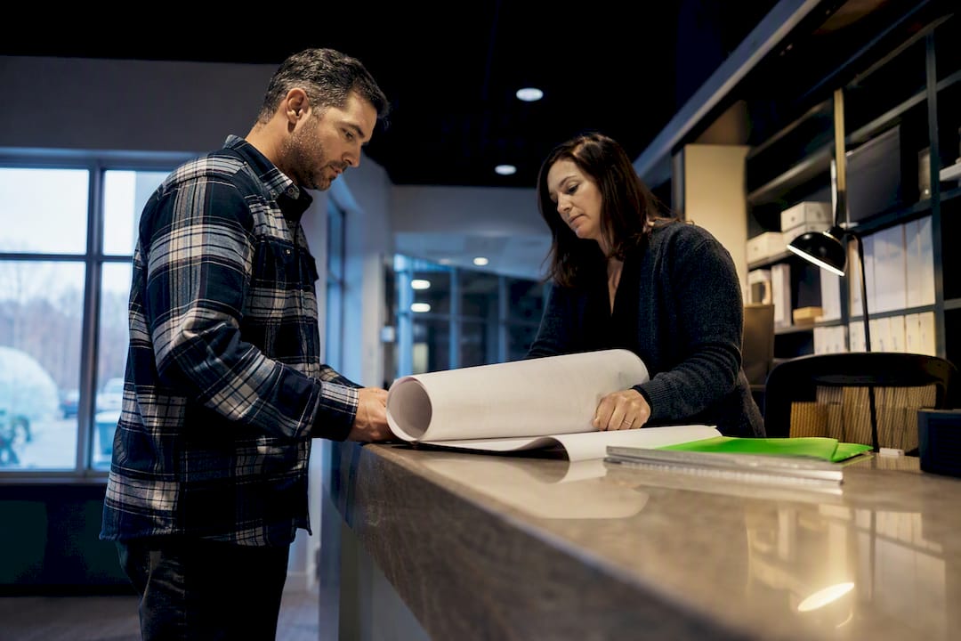 Contractor reviewing drawings at permit office