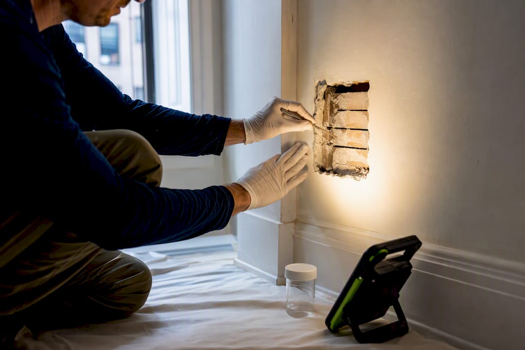 Technician inspecting prewar plaster wall